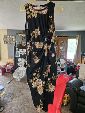 nine britton Navy Blue Floral Dress with Beige and Olive Accents